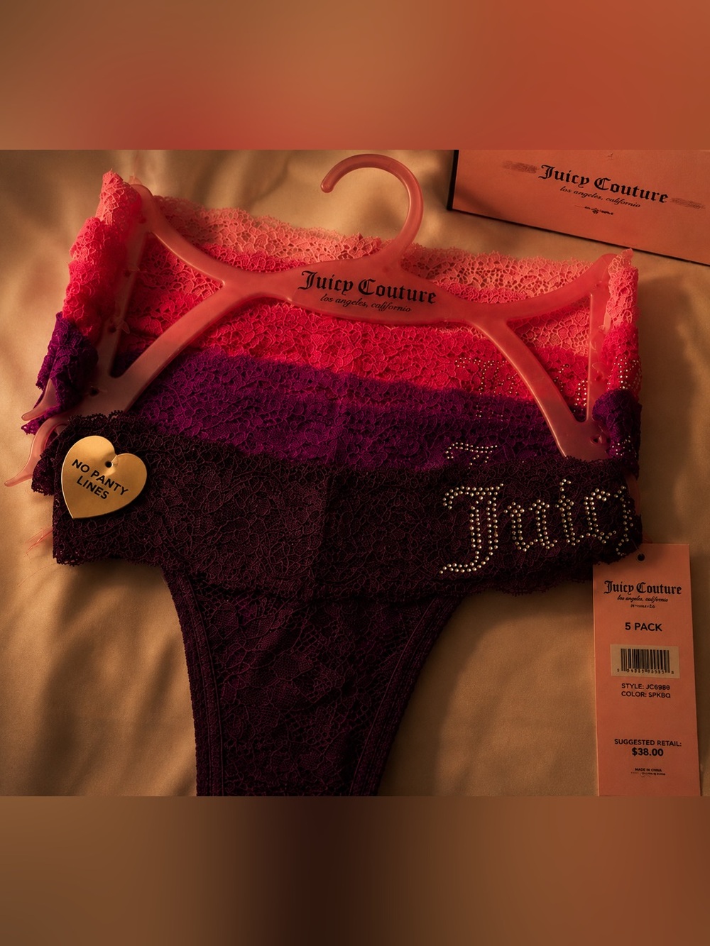 Juicy Couture Lace Bikini Panty Set in 3 shades of pink, and 2 shades of Plum